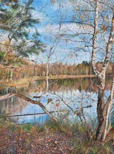 Painting titled "Lake in autumn" by Sergey Suslov, Original Artwork, Oil