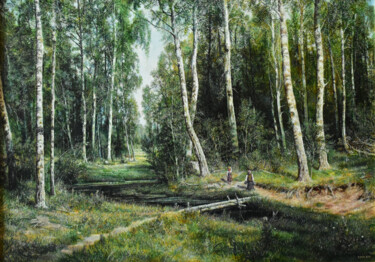 Painting titled "A stream in a birch…" by Sergey Suslov, Original Artwork, Oil Mounted on Wood Stretcher frame