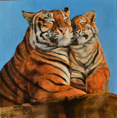 Malerei mit dem Titel "Tiger Tenderness" von Sergey Suslov, Original-Kunstwerk, Öl Auf Keilrahmen aus Holz montiert