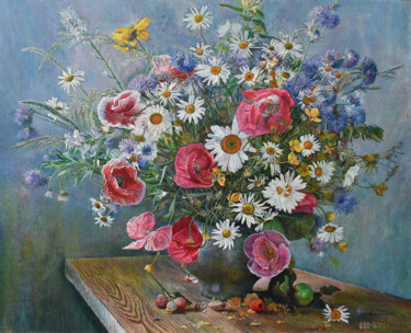 Painting titled "Bouquet of wildflow…" by Sergey Suslov, Original Artwork, Oil Mounted on Wood Stretcher frame