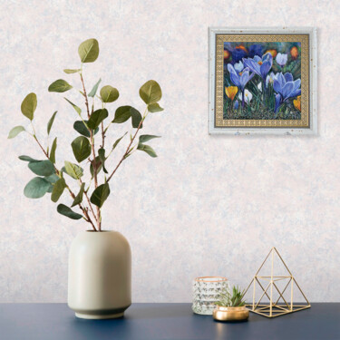 Painting titled "Crocuses in a framed" by Sergey Suslov, Original Artwork, Oil Mounted on Cardboard