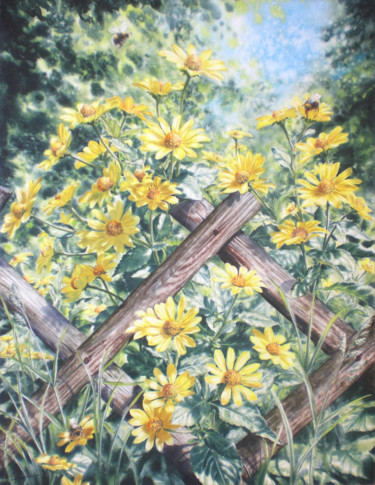 Картина под названием "Yellow daisies and…" - Sergey Baybakov, Подлинное произведение искусства, Акварель