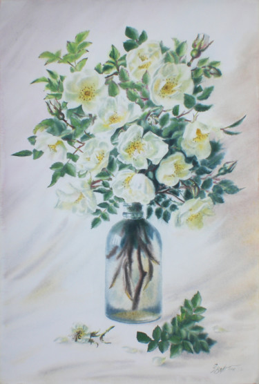 Картина под названием "Rosehip flowers" - Sergey Baybakov, Подлинное произведение искусства, Акварель