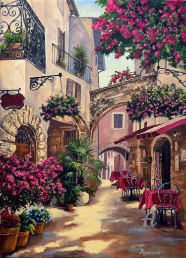 Painting titled "Summer Courtyard" by Sergey Lutsenko, Original Artwork, Oil