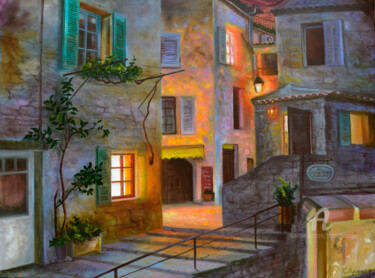 Painting titled "Evening Lights" by Sergey Lutsenko, Original Artwork, Oil Mounted on Wood Stretcher frame