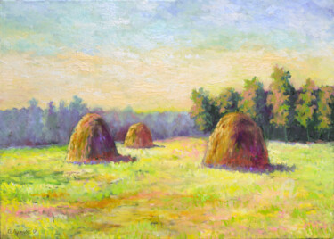 Painting titled "Summer Haystacks" by Sergey Lutsenko, Original Artwork, Oil Mounted on Wood Stretcher frame
