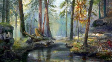 Картина под названием "Golden Forest" - Sergey Lutsenko, Подлинное произведение искусства, Масло Установлен на Деревянная ра…