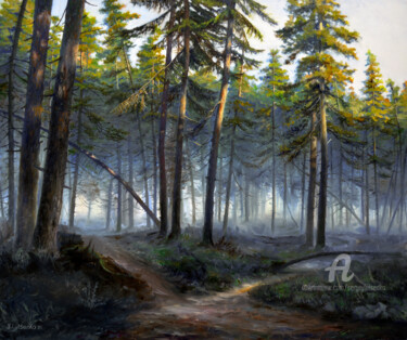 Картина под названием "Forest Morning" - Sergey Lutsenko, Подлинное произведение искусства, Масло Установлен на Деревянная р…