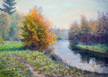 Painting titled "Autumn Silence" by Sergey Lutsenko, Original Artwork, Oil Mounted on Wood Stretcher frame
