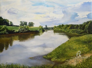 Painting titled "Surface of the river" by Sergey Lutsenko, Original Artwork, Oil