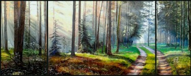 Painting titled "Triptych Forest Walk" by Sergey Lutsenko, Original Artwork, Oil Mounted on Wood Stretcher frame