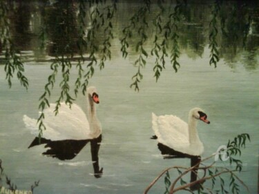 Painting titled "Swans" by Sergey Lutsenko, Original Artwork, Oil