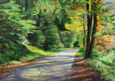 Картина под названием "Alley in autumn" - Sergey Lutsenko, Подлинное произведение искусства, Масло Установлен на Деревянная…