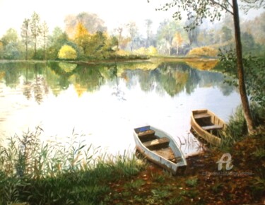 Картина под названием "Boats on the pond" - Sergey Lutsenko, Подлинное произведение искусства, Масло