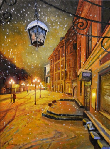 Painting titled "Winter evening" by Sergey Lutsenko, Original Artwork, Oil
