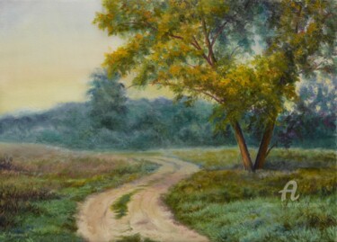Painting titled "August еvening" by Sergey Lutsenko, Original Artwork, Oil Mounted on Wood Stretcher frame
