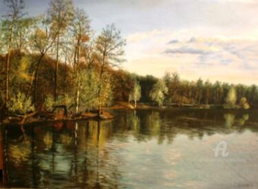 Painting titled ""Sunset on the rive…" by Sergey Lutsenko, Original Artwork, Oil