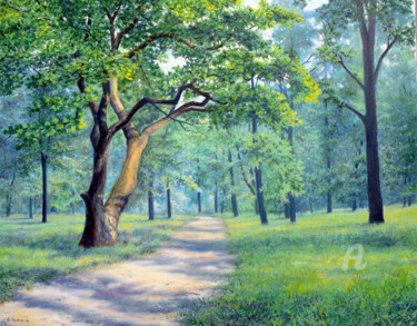 Painting titled "In the park." by Sergey Lutsenko, Original Artwork, Oil Mounted on Wood Stretcher frame