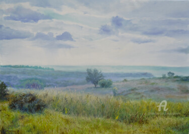 Painting titled "Fields" by Sergey Lutsenko, Original Artwork, Oil Mounted on Wood Stretcher frame