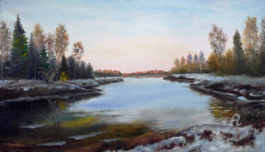 Painting titled "Thaw" by Sergey Lutsenko, Original Artwork, Oil Mounted on Wood Stretcher frame