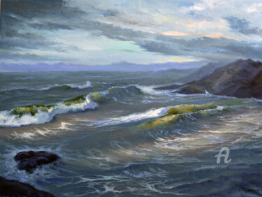 Painting titled "Beryl waves" by Sergey Lutsenko, Original Artwork, Oil Mounted on Wood Stretcher frame
