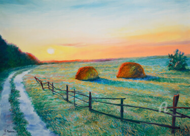 Painting titled "Haystacks at sunset" by Sergey Lutsenko, Original Artwork, Oil