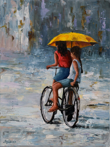 Картина под названием "Under the rain" - Sergey Lutsenko, Подлинное произведение искусства, Масло