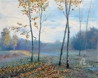 Painting titled "Fall of the leaves" by Sergey Lutsenko, Original Artwork, Oil Mounted on Wood Stretcher frame