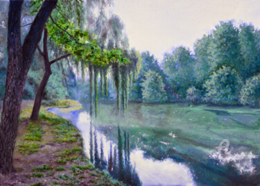 Painting titled "Pond" by Sergey Lutsenko, Original Artwork, Oil Mounted on Wood Stretcher frame