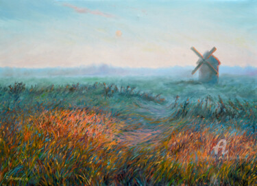 Painting titled "Old mill" by Sergey Lutsenko, Original Artwork, Oil Mounted on Wood Stretcher frame