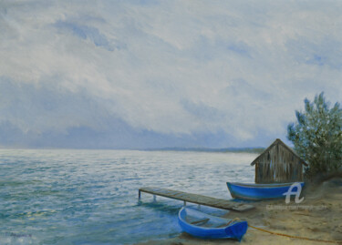 Painting titled "Fisherman's wharf" by Sergey Lutsenko, Original Artwork, Oil Mounted on Wood Stretcher frame