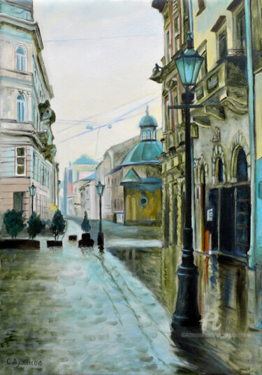 Painting titled "Rainy morning in Lv…" by Sergey Lutsenko, Original Artwork, Oil