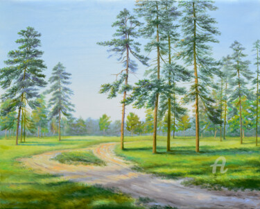 Pittura intitolato "Pine trees" da Sergey Lutsenko, Opera d'arte originale, Olio