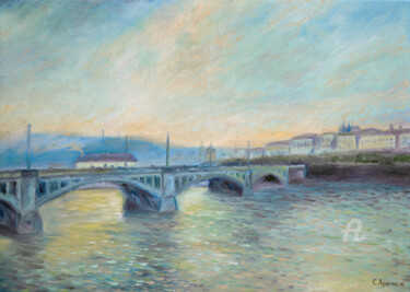 Painting titled "Jiraskuv bridge.Pra…" by Sergey Lutsenko, Original Artwork, Oil Mounted on Wood Stretcher frame