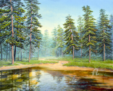 Painting titled "Forest lake" by Sergey Lutsenko, Original Artwork, Oil Mounted on Wood Stretcher frame
