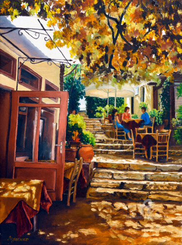 Painting titled "Summer cafe" by Sergey Lutsenko, Original Artwork, Oil