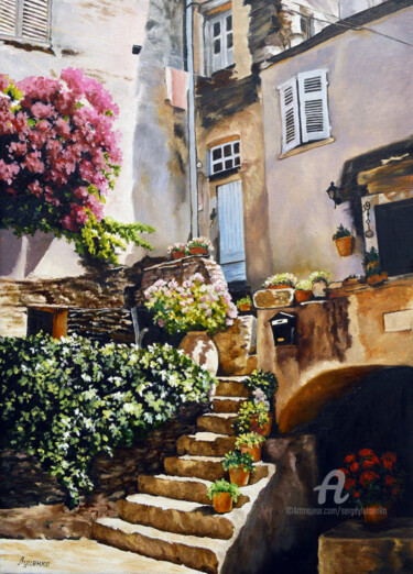 Painting titled "Patio.Corsica" by Sergey Lutsenko, Original Artwork, Oil