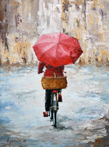 Pittura intitolato "Walk under the rain" da Sergey Lutsenko, Opera d'arte originale, Olio