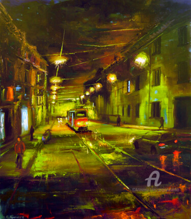 Painting titled "The last tram" by Sergey Lutsenko, Original Artwork, Oil Mounted on Wood Stretcher frame