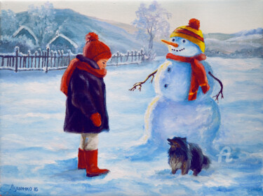 Painting titled "Winter fun" by Sergey Lutsenko, Original Artwork, Oil