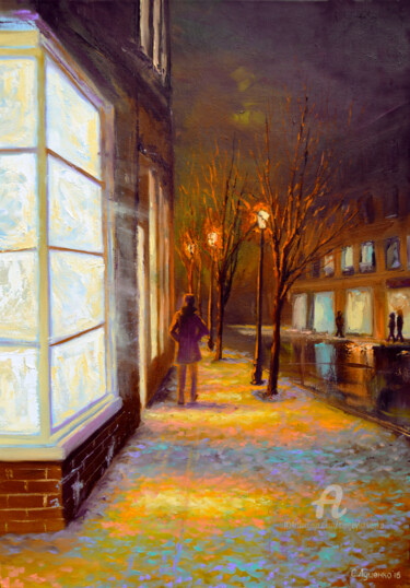 Painting titled "Winter streets" by Sergey Lutsenko, Original Artwork, Oil Mounted on Wood Stretcher frame