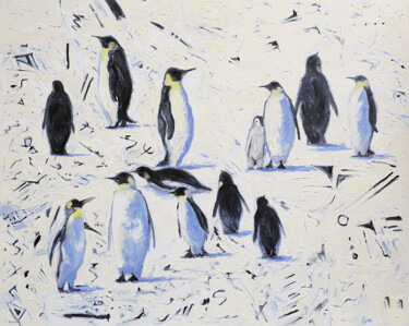 Painting titled "13 penguins" by Sergey Lutsenko, Original Artwork, Oil Mounted on Wood Stretcher frame