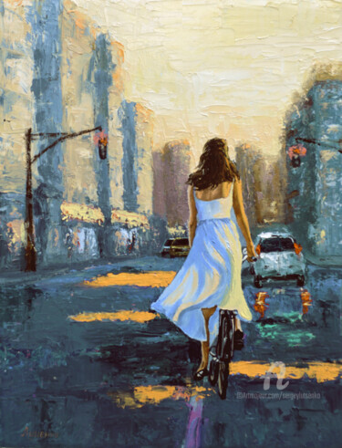 Painting titled "City walk" by Sergey Lutsenko, Original Artwork, Oil