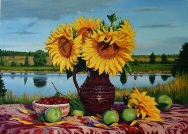 Painting titled "Still life with sun…" by Serghei Ghetiu, Original Artwork, Oil