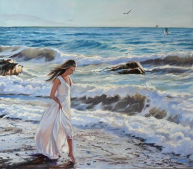 Painting titled "Walking on the beach" by Serghei Ghetiu, Original Artwork, Oil