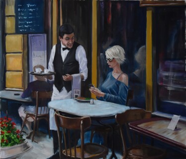 Painting titled "Scene in the cafete…" by Serghei Ghetiu, Original Artwork, Oil