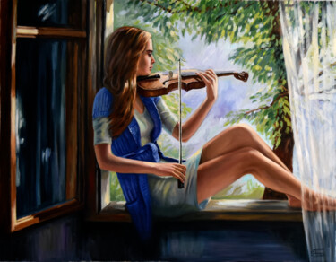 Painting titled "The violin player" by Serghei Ghetiu, Original Artwork, Oil