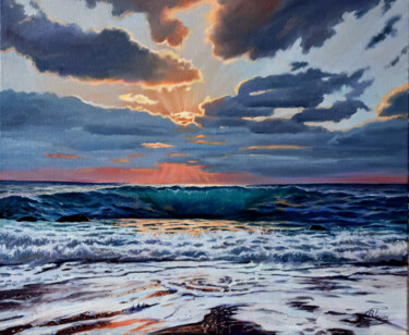 Painting titled "The evening seascap…" by Serghei Ghetiu, Original Artwork, Oil