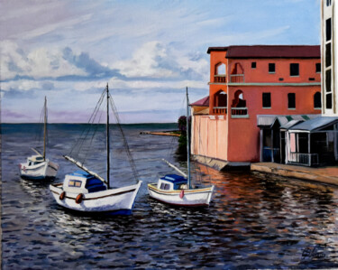 Painting titled "A small harbor in a…" by Serghei Ghetiu, Original Artwork, Oil