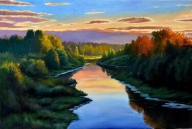 Painting titled "The evening landsca…" by Serghei Ghetiu, Original Artwork, Oil